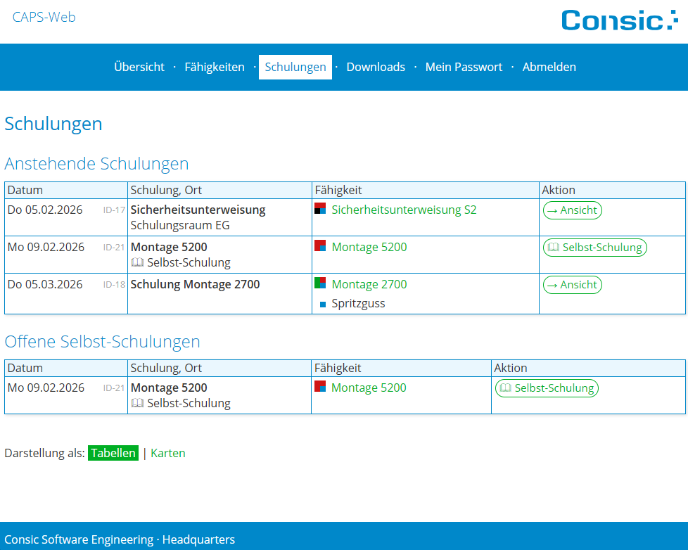 CAPS Campus Screenshot: Übersicht über Schulungen einer Mitarbeiterin