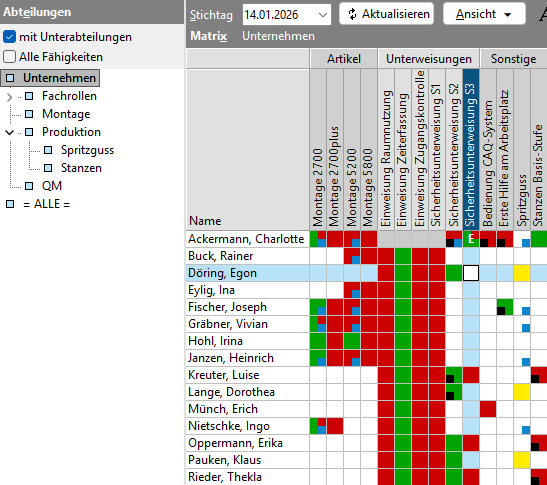 CAPS Screenshot: Qualifikationsmatrix mit Unternehmens-/Rollenstruktur