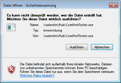 Windows-Fenster "Es kann nicht überprüft werden, wer die Datei erstellt hat. Möchten Sie die Datei wirklich ausführen?"