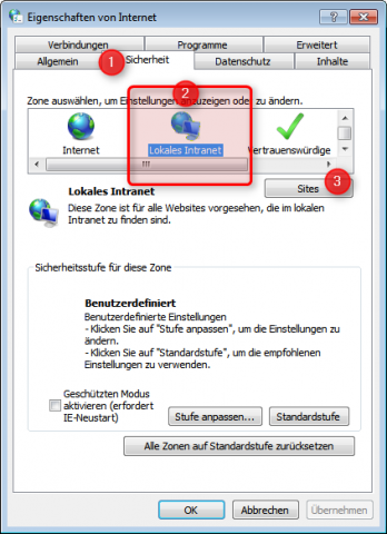 Windows-Fenster "Eigenschaften von Internet"