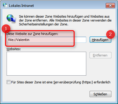 Windows-Fenster "Diese Website zur Zone hinzufügen:"