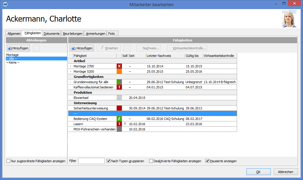 Mitarbeiter-Fähigkeiten Screenshot